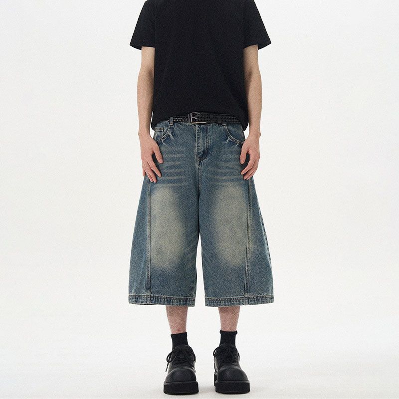 Vintage Washed Denim Shorts For Men & Women - Distressed Straight Leg Mid-Length Jeans With Deconstructed Hem_mkmklike.com