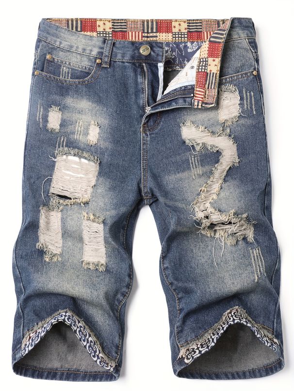 Men's Denim Shorts, Summer Ripped Men's Underwear, Slim Fit European And American Shorts, Straight Leg Worn Men's Pants_mkmklike.com