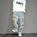 Men's Heavy Duty Distressed Wide Leg Jeans Hand Painted Graffiti Ripped American High Street Style Wide Leg Pants_mkmklike.com