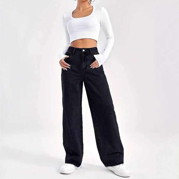 High Waisted Straight Leg Jeans Women's Loose Fit Wide Leg Pants Solid Color Denim Petite Autumn Winter European American Styles_mkmklike.com