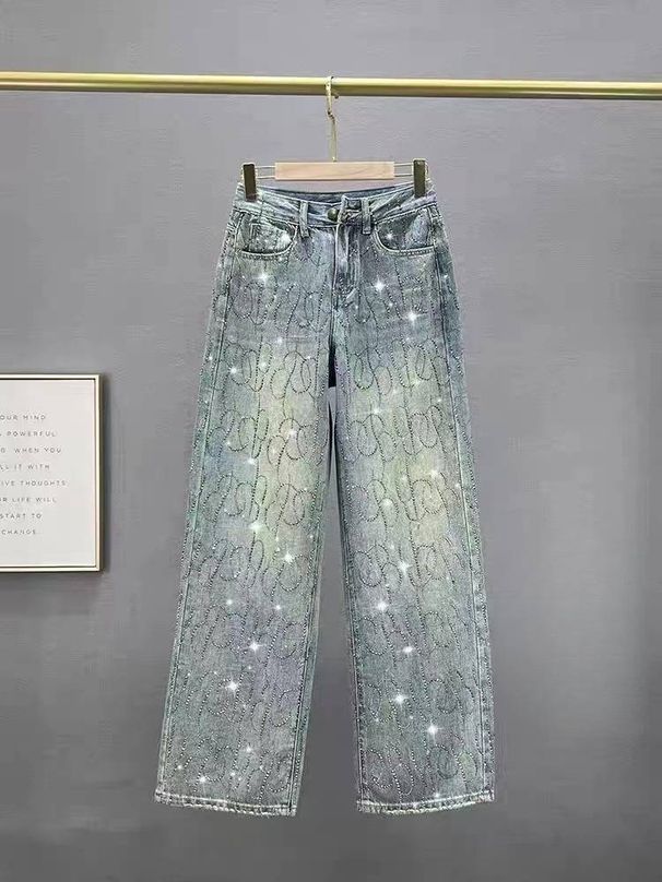 Women’s Clothing spring and summer new luxury gradient rhinestones starry straight jeans narrow leg pants_mkmklike.com