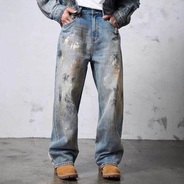 Men's Distressed Vintage Straight Leg Jeans Loose Fit Wide Leg Mid Waist Long Slight Stretch Machine Washable_mkmklike.com