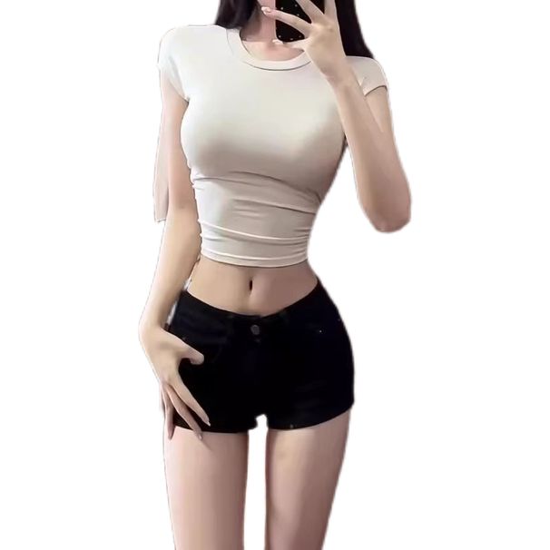 American-style Retro Washed High-waisted Tight Denim Shorts For Women, Slim Fit, Stretchy, Versatile, Rolled Hem,_mkmklike.com