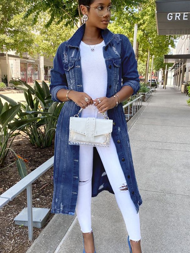 K New Denim Long Windbreaker Jacket With Holes Denim Jacket For Women_mkmklike.com