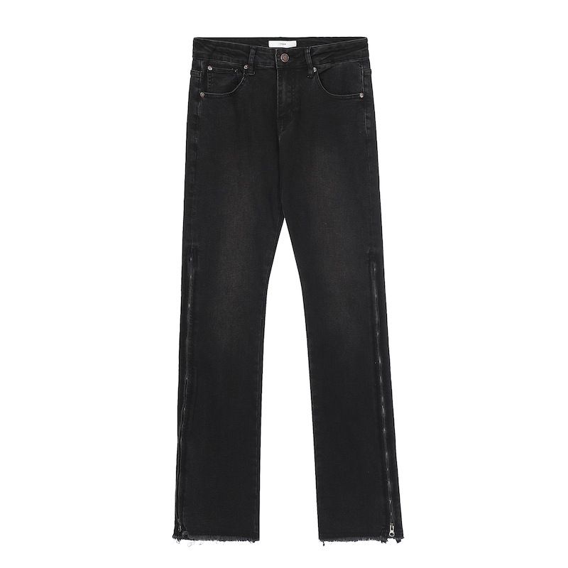 Men's High-Waisted Slim Fit Stretch Jeans With Distressed Hem & Zip Detail - Black Streetwear Flared Pants_mkmklike.com