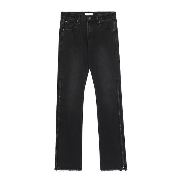 Men's High-Waisted Slim Fit Stretch Jeans With Distressed Hem & Zip Detail - Black Streetwear Flared Pants_mkmklike.com