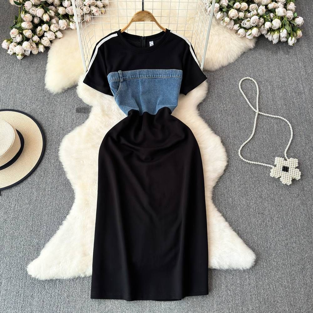 Women's Clothing Slimming Short Sleeved Denim Patchwork Dress Coffee Break Waisted Fashionable Mid Length Round Neck Age Reducing T Shirt Dress_mkmklike.com