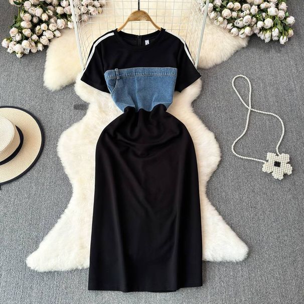 Women's Clothing Slimming Short Sleeved Denim Patchwork Dress Coffee Break Waisted Fashionable Mid Length Round Neck Age Reducing T Shirt Dress_mkmklike.com
