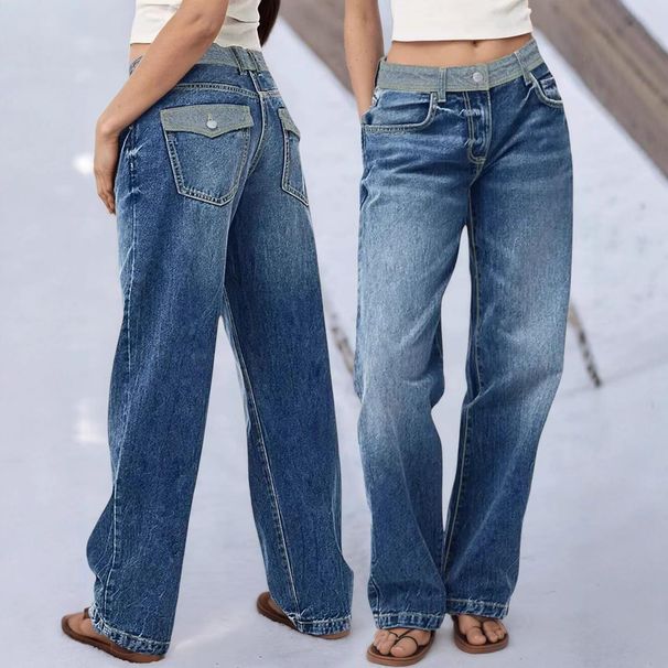 Women's Patchwork Vintage Jeans - Retro High-Waisted Straight Leg Denim Pants With Contrast Stitching_mkmklike.com
