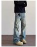 Men's Casual Loose Straight Leg Flared Washed Blue Jeans Retro Whisker Bamboo Pattern Versatile Trousers_mkmklike.com