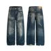 Men's Vintage Washed Distressed Splatter Paint Straight Leg Jeans - Loose Fit Raw Hem Denim Pants For Casual Streetwear_mkmklike.com