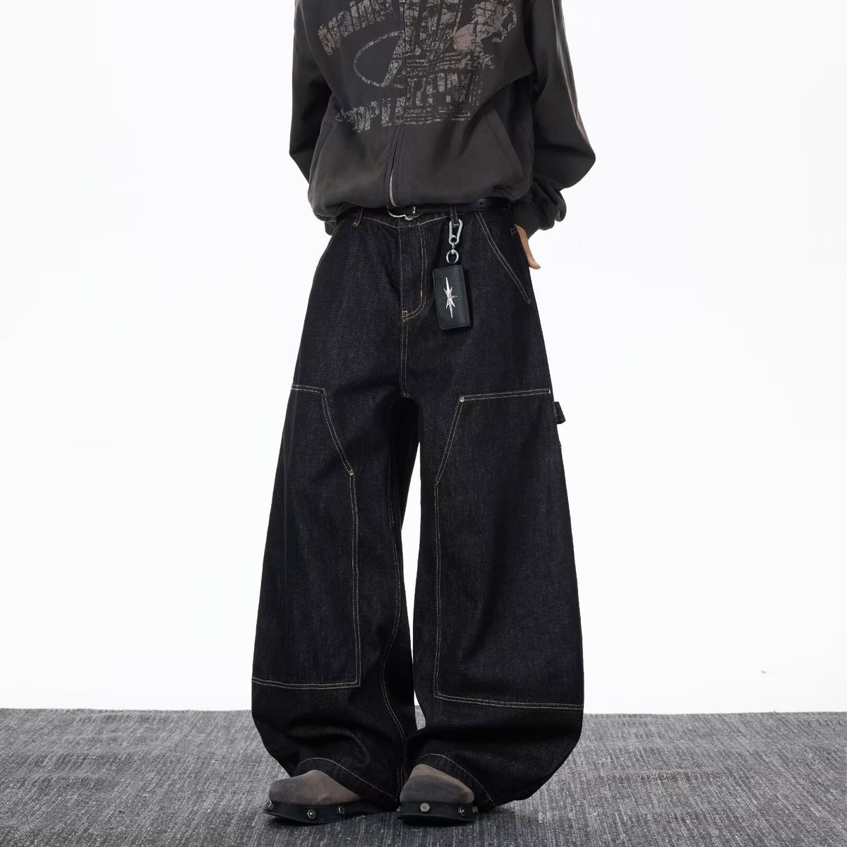 Streetwear Distressed Denim Jeans For Men - Hip Hop Baggy Pants With Custom Letter Print, High Waist Loose Fit Casual Trousers (Black, S-3XL)_mkmklike.com