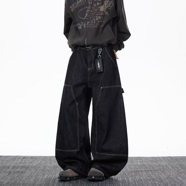 Streetwear Distressed Denim Jeans For Men - Hip Hop Baggy Pants With Custom Letter Print, High Waist Loose Fit Casual Trousers (Black, S-3XL)_mkmklike.com