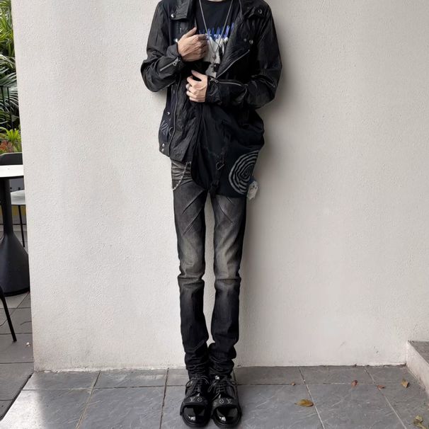 Men's Clothing Cleanfit High Street Style Skinny Jeans Washed Black Slim Fit Trousers American Style For Men And Women Couples Claw Pattern_mkmklike.com