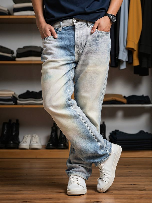 Men's High Street Distressed Blue Washed Straight Leg Jeans - Classic Denim Pants For Casual & Urban Style_mkmklike.com