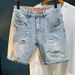 Men's Trendy Ripped Stretchy Slim Fit Jeans mid Length Shorts Blue Korean Style Basic Straight Leg Embroidered Patches_mkmklike.com