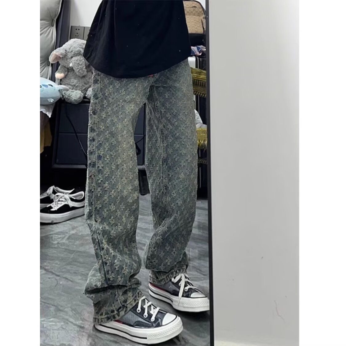 Men's Clothing Men's Straight Leg Blue Jacquard All Over Print Jeans Trendy Summer Design Niche Style High Street Vibe Pants_mkmklike.com