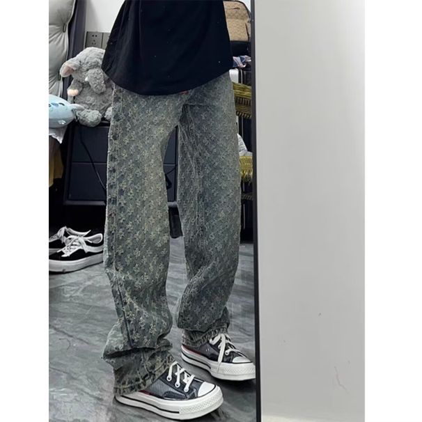 Men's Clothing Men's Straight Leg Blue Jacquard All Over Print Jeans Trendy Summer Design Niche Style High Street Vibe Pants_mkmklike.com