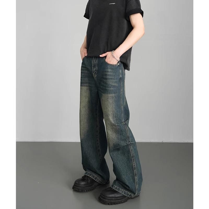 Folded Slightly Pulled Jeans Men's Straight Loose Wide-leg American High Street Pants Trendy Versatile Washed Retro Trousers_mkmklike.com