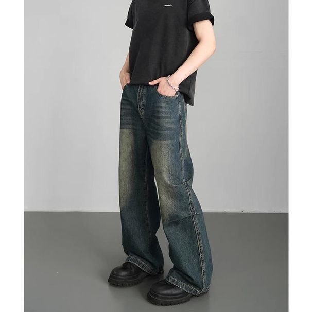 Folded Slightly Pulled Jeans Men's Straight Loose Wide-leg American High Street Pants Trendy Versatile Washed Retro Trousers_mkmklike.com