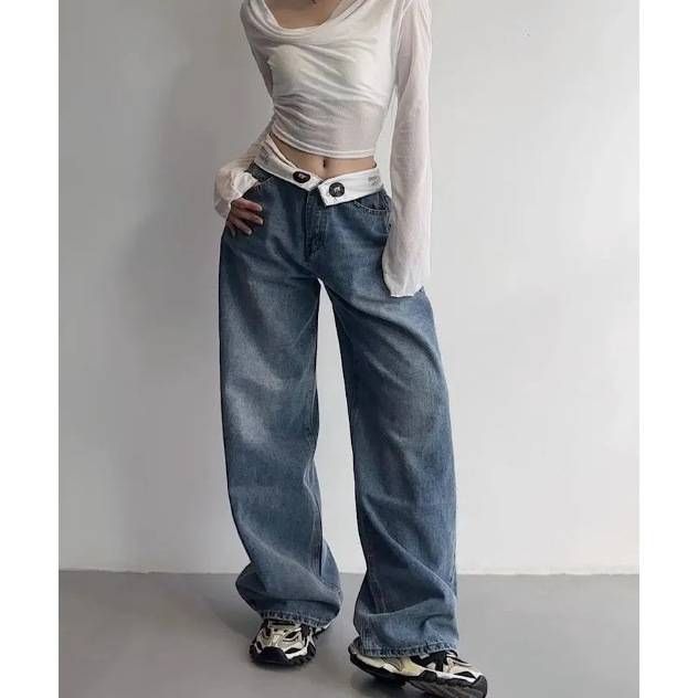 Women's Clothing Waist Jeans Retro Niche Design Loose Wide Leg Pants Simple Casual Straight Pants_mkmklike.com