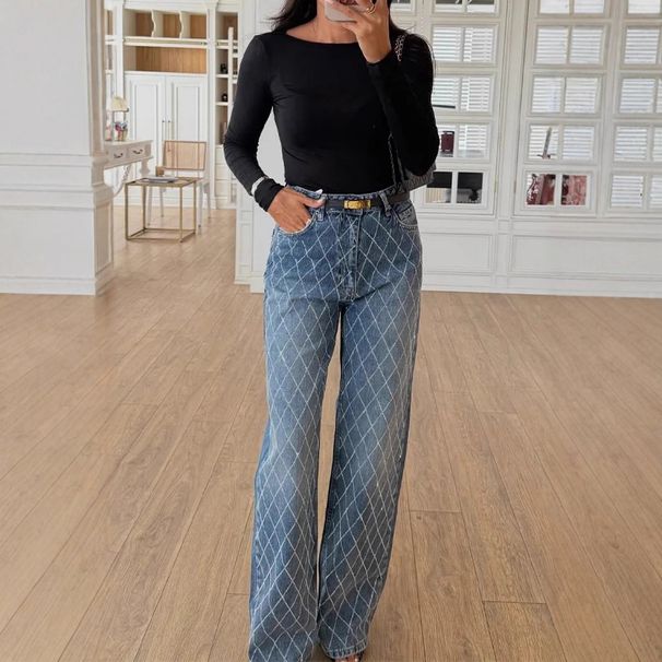 Fashionable High-Waisted Straight-Leg Jeans - Diamond Quilted Texture Denim Pants For Women (XS-XXXL, Light Blue)_mkmklike.com