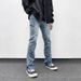 Men's Washed Slim Fit Straight Leg Jeans Light Blue Versatile Layered Casual Pants High Street Style Slightly Stretch_mkmklike.com