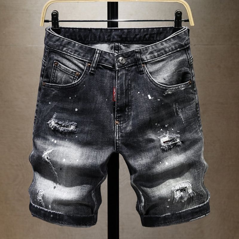 Men's Distressed Denim Shorts – Paint Splatter & Patchwork Design, Stretch Fit 5-Inch Inseam Summer Washed Shorts_mkmklike.com