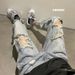Vintage Straight Leg Distressed Denim Jeans For Men, High Street Fashion Ripped Nine-Part Pants, Trendy Streetwear_mkmklike.com