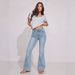 Light Blue Washed Double Button High Waist Flared Jeans for Women Slim Fit Height Enhancing Elastic Flared Pants_mkmklike.com