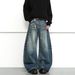 Unisex Vintage Blue Whiskered Scimitar Wide Leg Jeans Midweight Cotton Slightly Flared Loose Fitting Floor Length Sickle Shaped Straight Leg Denim_mkmklike.com