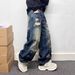 Men's Clothing Men's Trendy Distressed Splatter Painted Patchwork Straight Leg Jeans Loose Fit Wide Leg Trousers High Street Style_mkmklike.com