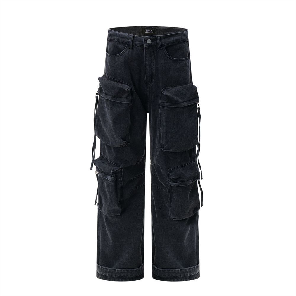 Style Multi-Pocket Ribbon Jeans For Men American High Street Washed Functional Hip-Hop Loose Straight Long Pants_mkmklike.com