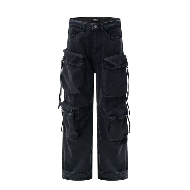 Style Multi-Pocket Ribbon Jeans For Men American High Street Washed Functional Hip-Hop Loose Straight Long Pants_mkmklike.com