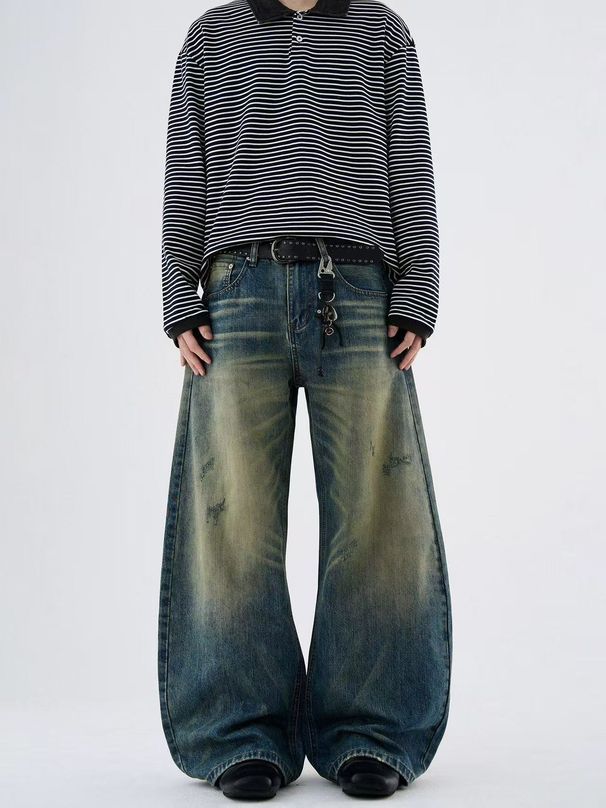 Vintage Washed Blue Carpenter Jeans – Unisex Workwear Straight Fit With Distressed Details & Utility Pockets (90s Grunge Revival Style)_mkmklike.com