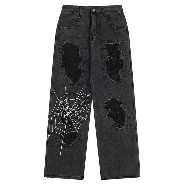 Men's Clothing American Vibe Retro Spider Web Embroidered Ripped Patch Jeans For Men And Women High Street Loose Wide Leg Straight Trousers_mkmklike.com