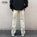 Men's American Streetwear Baggy Jeans - Yellow Mud Dyed Washed Distressed Denim Pants With Relaxed Straight Wide Leg_mkmklike.com