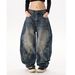 Men's Clothing American Blue Laser-Washed Wide-Leg Jeans – Vintage Distressed Denim (Unisex, Oversized, Straight Cut, No-Stretch, Underground)_mkmklike.com