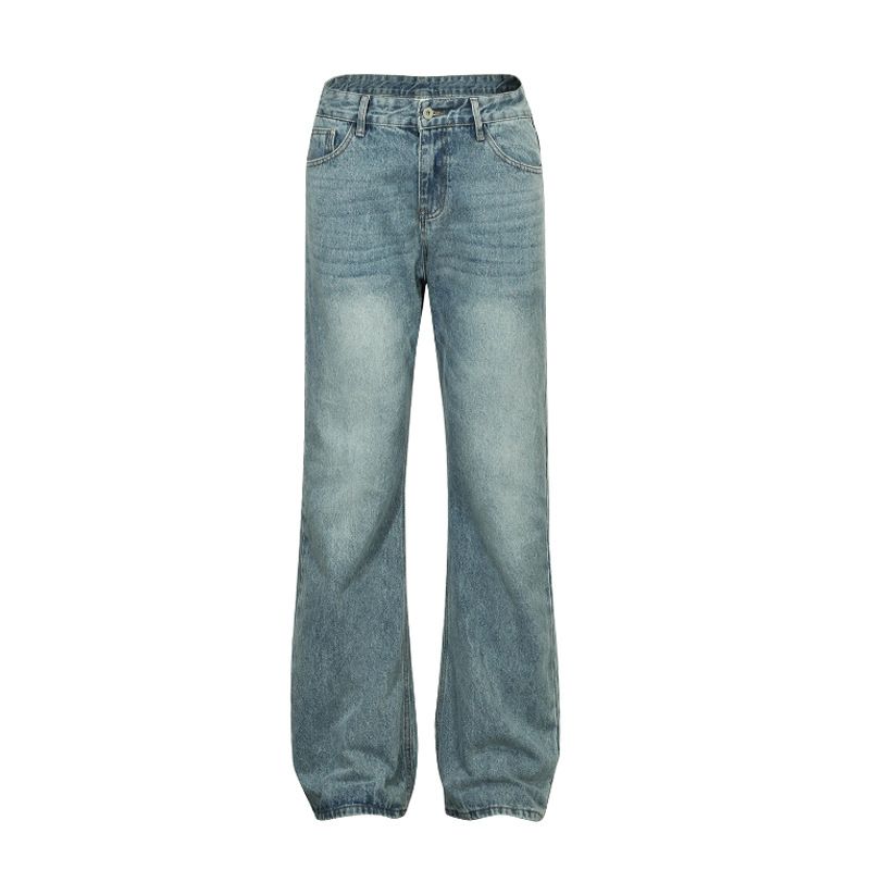Men's Vintage Washed Blue Straight Leg Jeans - High Street Retro Denim Pants With Distressed Details_mkmklike.com