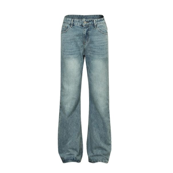 Men's Vintage Washed Blue Straight Leg Jeans - High Street Retro Denim Pants With Distressed Details_mkmklike.com