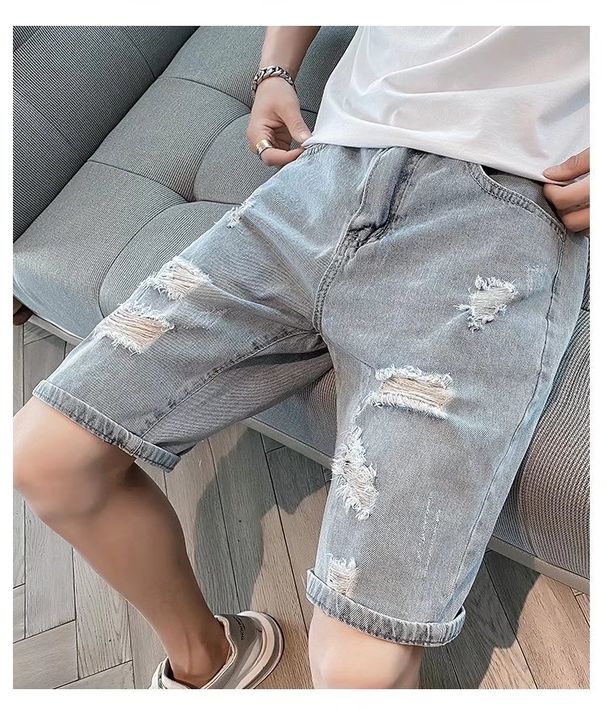 Men's Trendy Ripped Denim Shorts Loose Fit plus Size Straight Leg Casual Summer Thin Mid-Length Riding Breeches_mkmklike.com