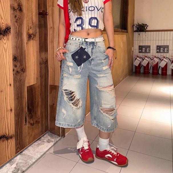 High-Waisted Straight Leg Distressed Denim Capri Pants Flowy Fit Casual Summer Shorts American Streetwear for Men And Women plus Size_mkmklike.com