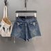 Dark Blue High-Waisted Washed Distressed Denim Shorts Women's Sexy Slimming Wide Leg Hot Pants Summer 2026 Arrival_mkmklike.com