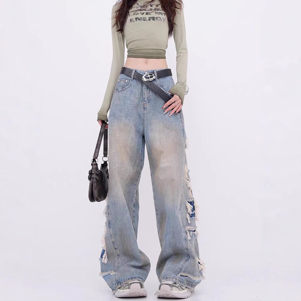 KENH Distressed Tassel Patchwork Ripped Jeans For Women, Loose-fitting, Slimming, Floor-length, High-waisted Wide-leg_mkmklike.com