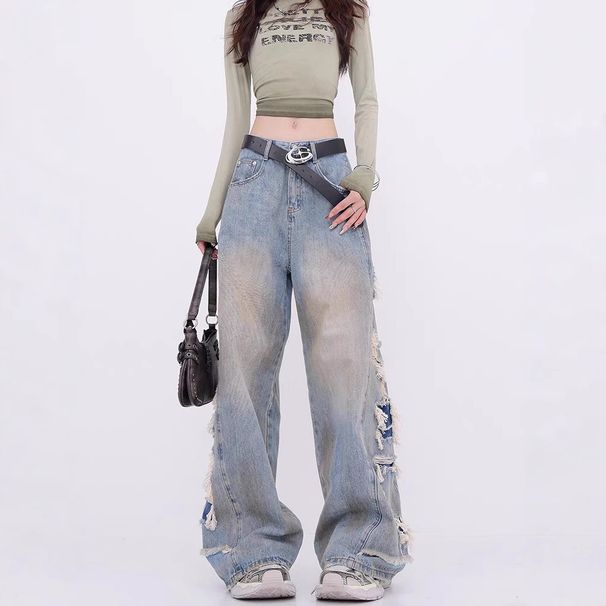 KENH Distressed Tassel Patchwork Ripped Jeans For Women, Loose-fitting, Slimming, Floor-length, High-waisted Wide-leg_mkmklike.com