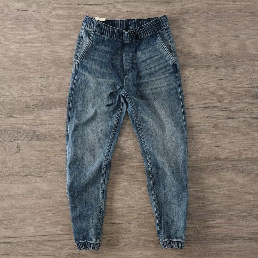 Men's Heavyweight Slim Fit Jeans Fall Winter Loose Fit Drawstring Stretch Harem Pants Trendy Retro Style_mkmklike.com