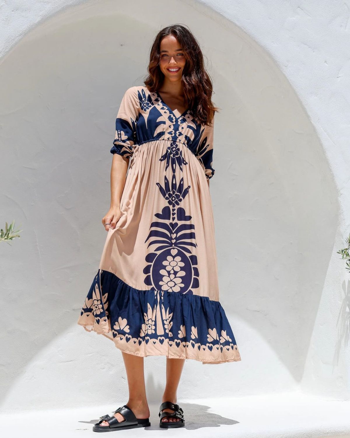 Women's clothing printed drawstring dress five-point sleeves fashionable loose casual _mkmklike.com