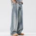 Washed Color-Block Faded Jeans For Men Loose Street Style Straight-Leg Pants Casual Versatile Floor-Length Trousers_mkmklike.com