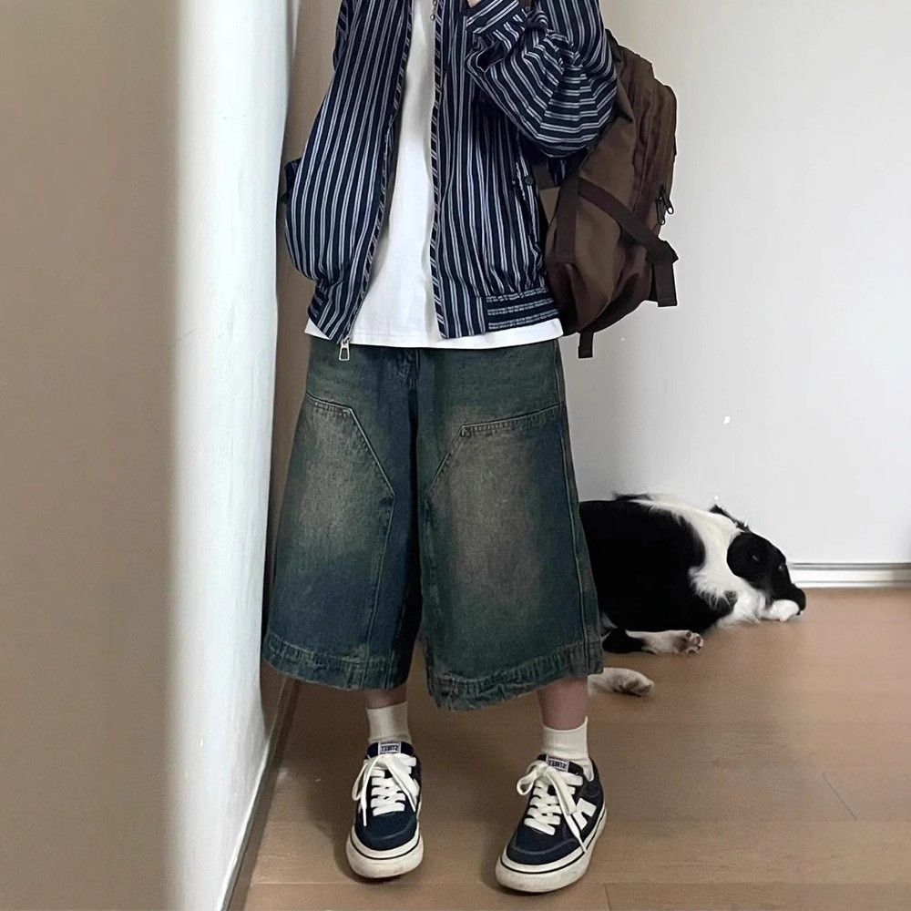 Men's Clothing High Street Patchwork Denim Shorts New Style Distressed Casual Versatile Wide Leg Cropped Pants_mkmklike.com
