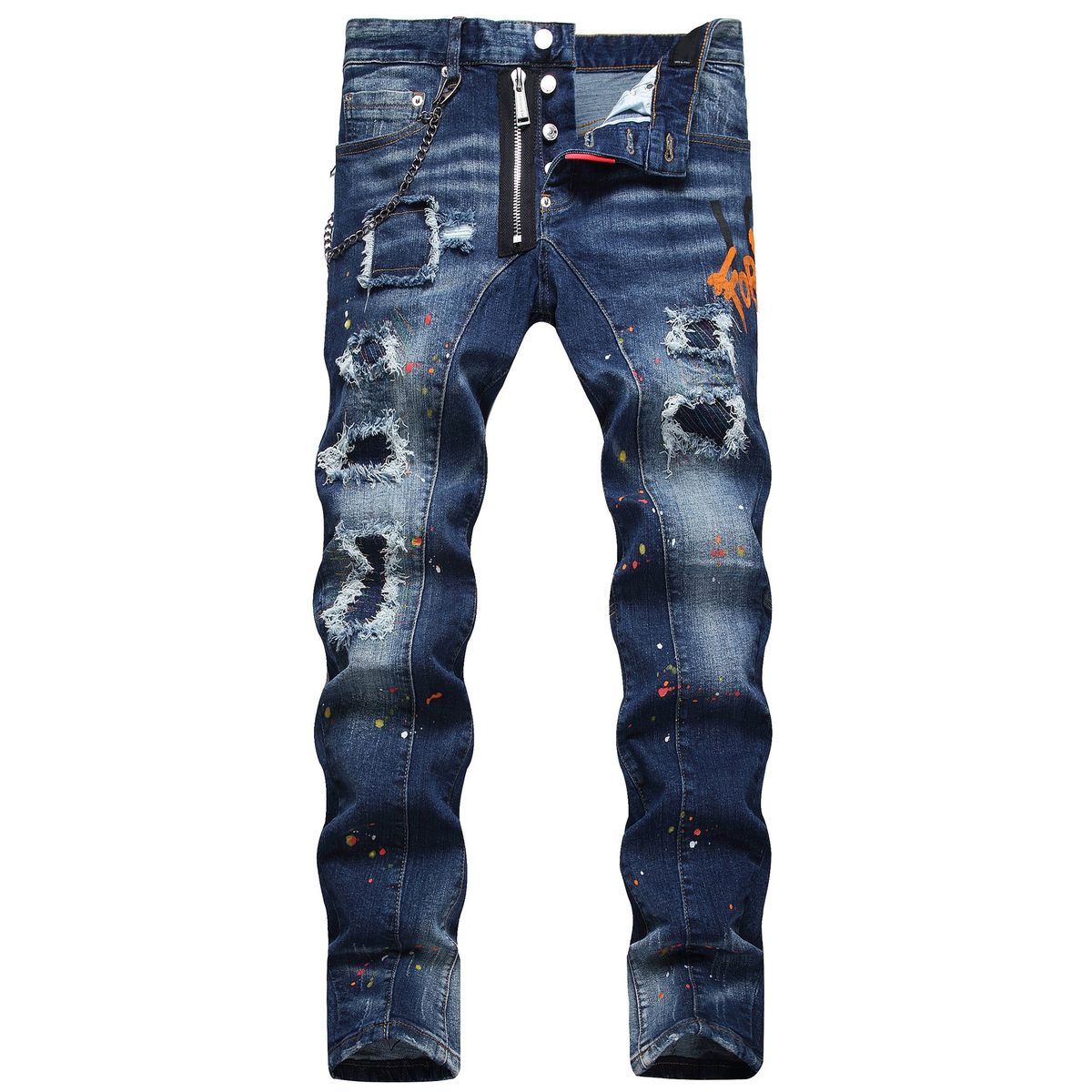 Men's Clothing Men's High Street Style Ripped Patchwork Painted Ornaments Slim Fit Mid Waist Jeans Fashion Trousers_mkmklike.com